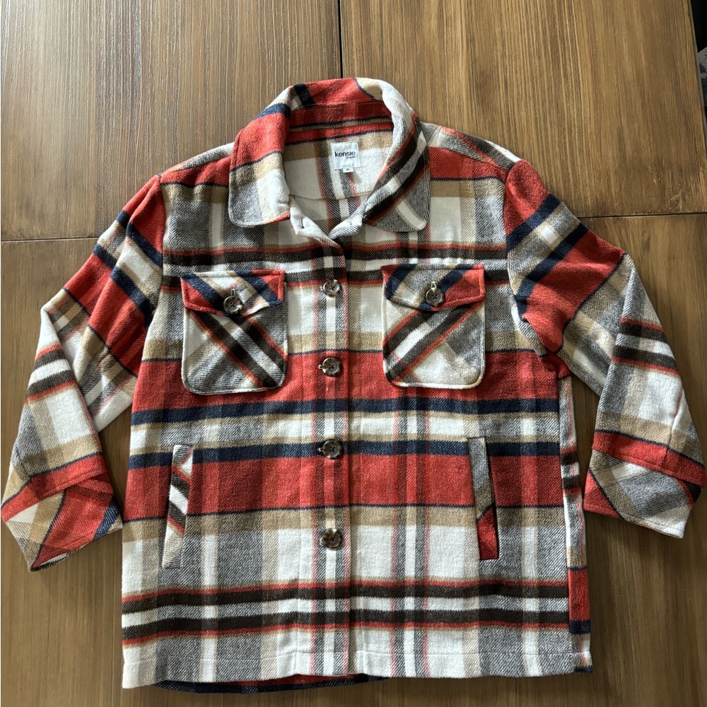 Red and Gray Plaid Button-Up Jacket
